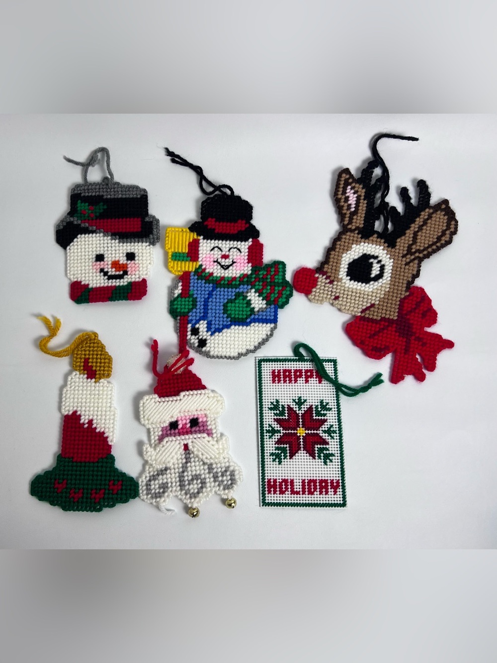 Lot of 6 VTG Handmade Christmas Decor Plastic Canvas Needlepoint Santa Rudolph